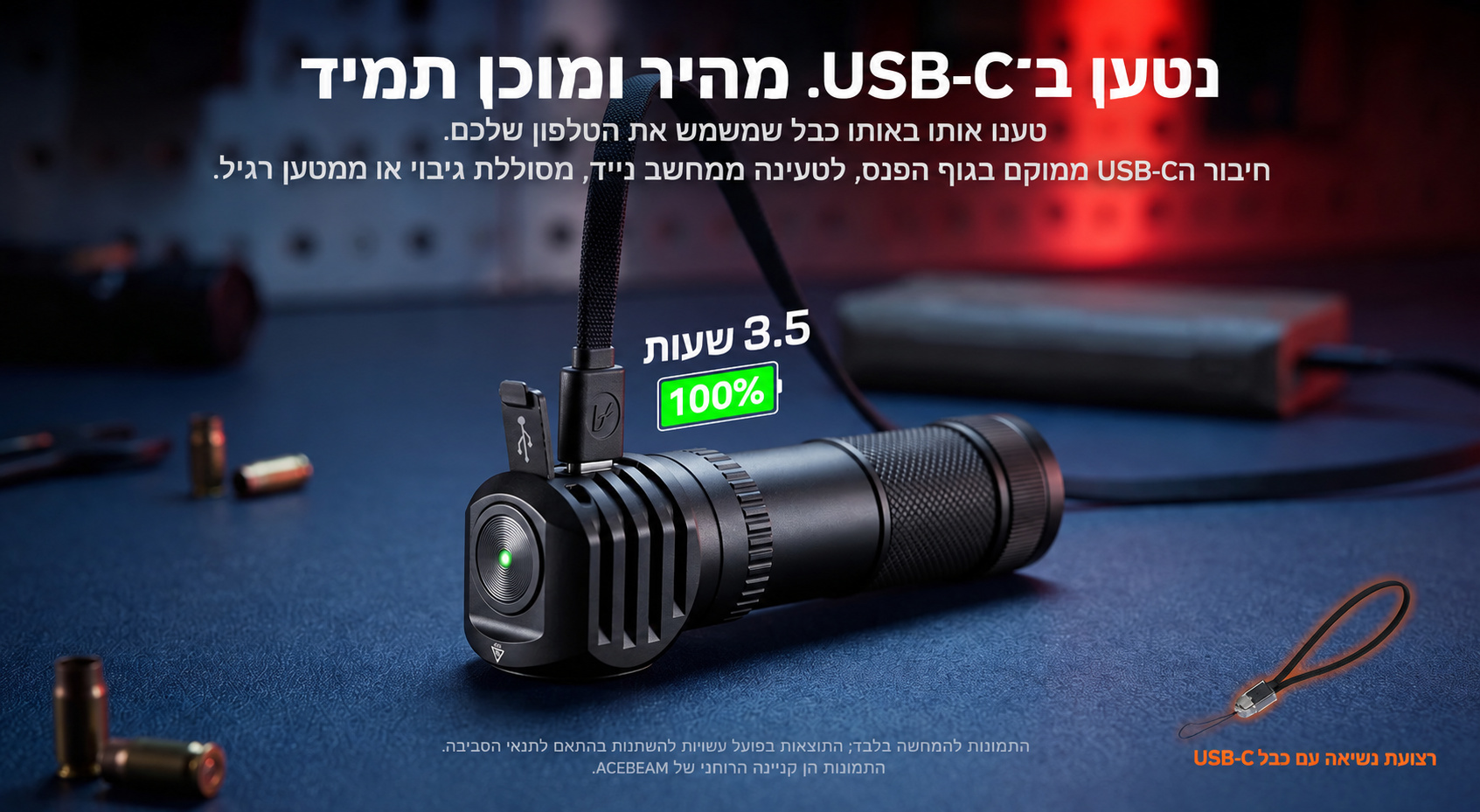 Acebeam H18 – טעינת USB-C בתוך 3.5 שעות בעברית