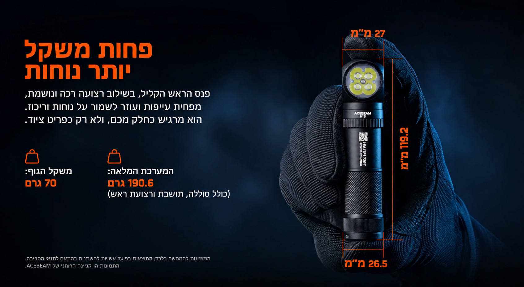 Acebeam H18 – משקל ומידות במידות מטריות בעברית