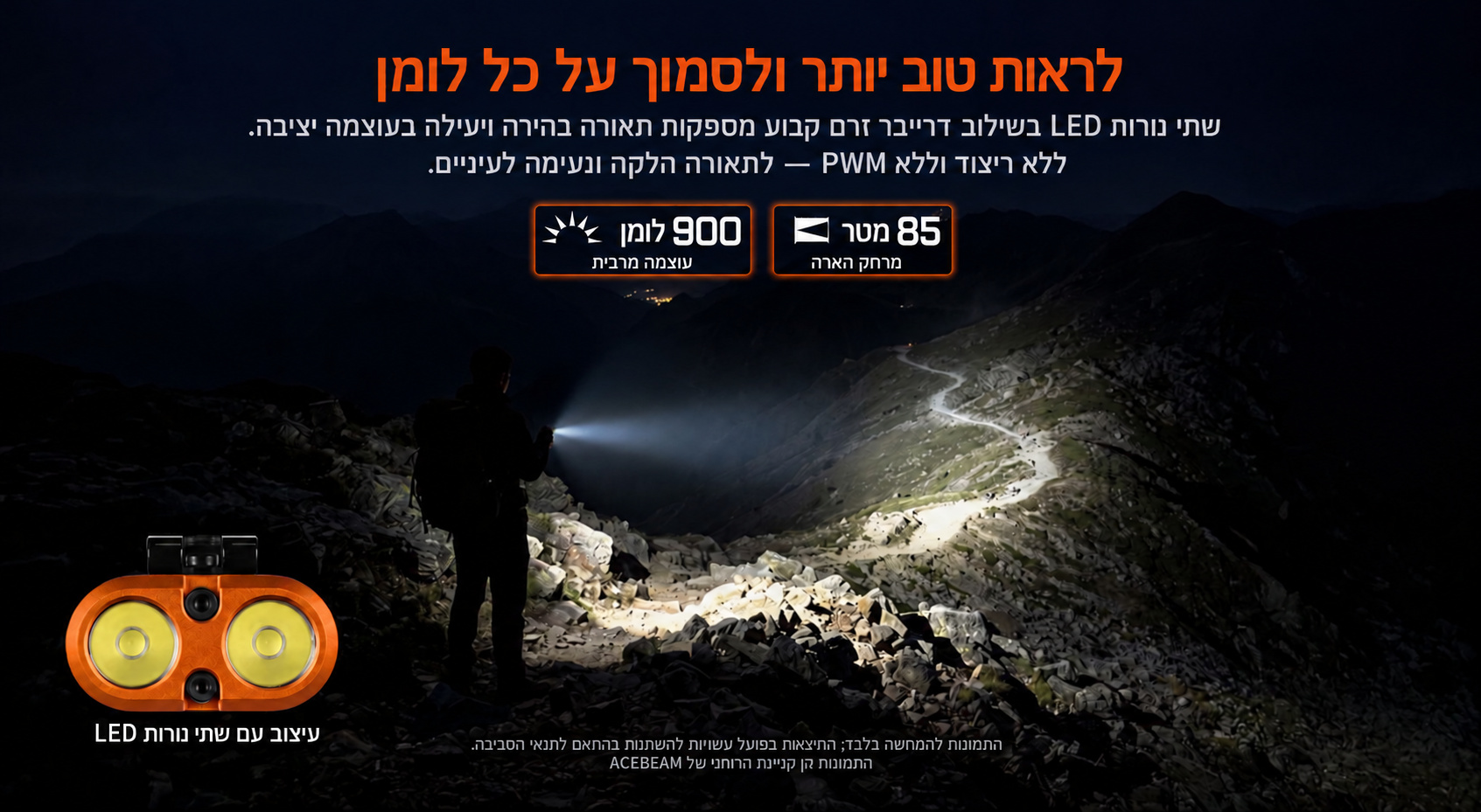 Acebeam UC3A – עוצמת הארה של 900 לומן וטווח 85 מטר בעברית