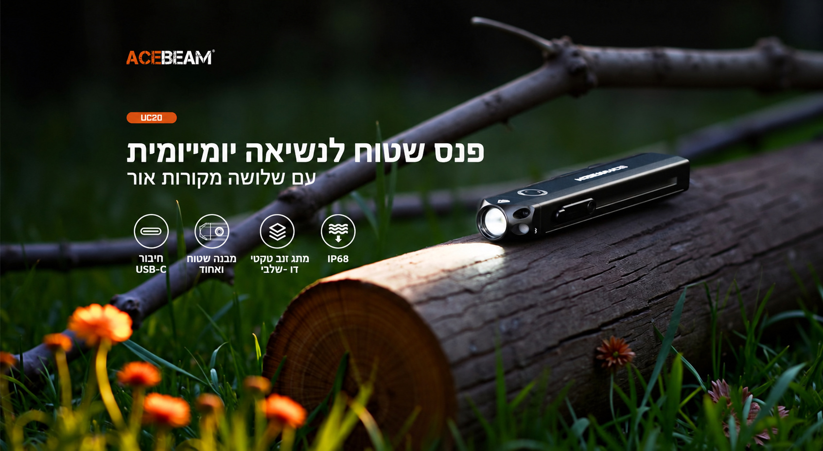 Acebeam UC20 – סקירת פנס שטוח ושלושה מקורות אור בעברית